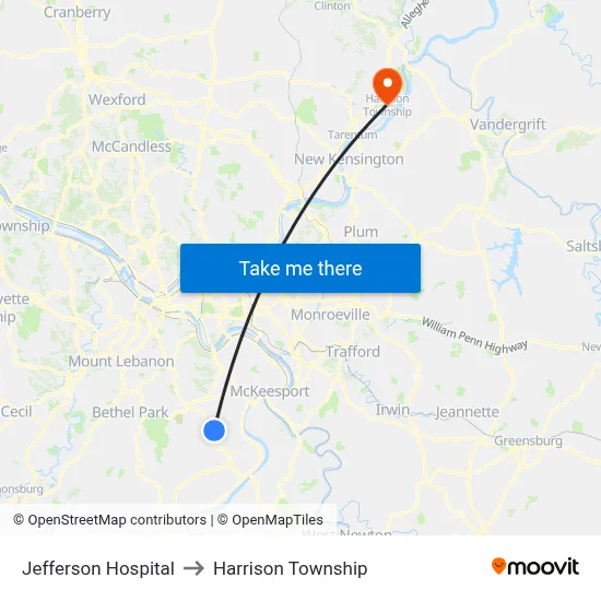 Jefferson Hospital to Harrison Township map