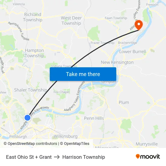 East Ohio St + Grant to Harrison Township map