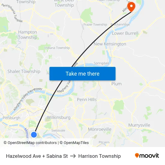 Hazelwood Ave + Sabina St to Harrison Township map