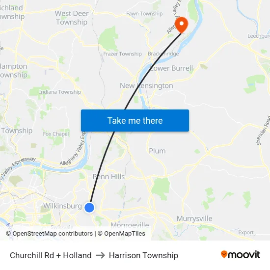 Churchill Rd + Holland to Harrison Township map