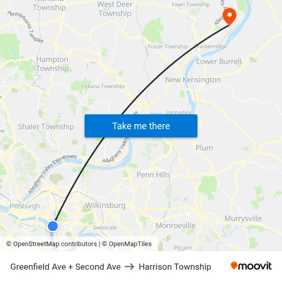 Greenfield Ave + Second Ave to Harrison Township map