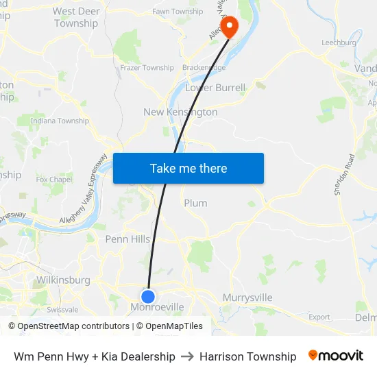Wm Penn Hwy + Kia Dealership to Harrison Township map
