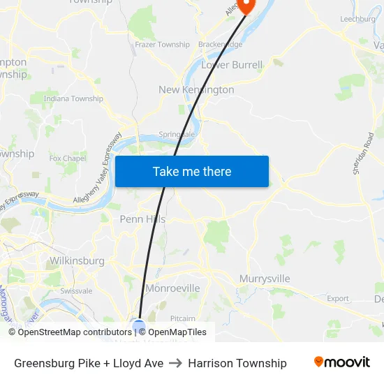 Greensburg Pike + Lloyd Ave to Harrison Township map