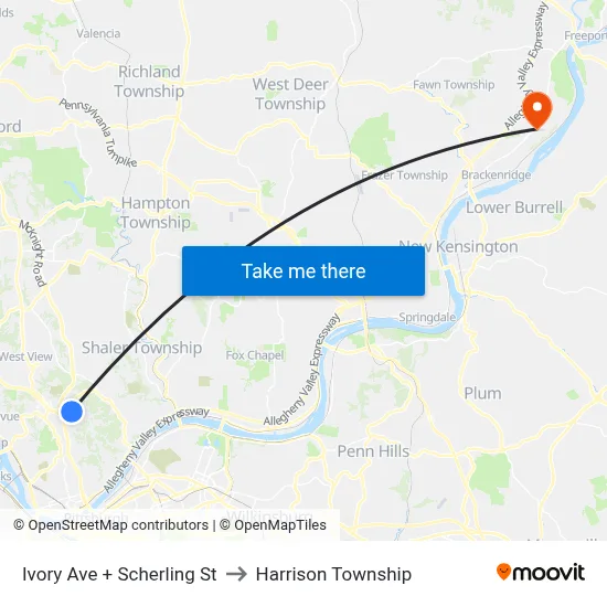 Ivory Ave + Scherling St to Harrison Township map