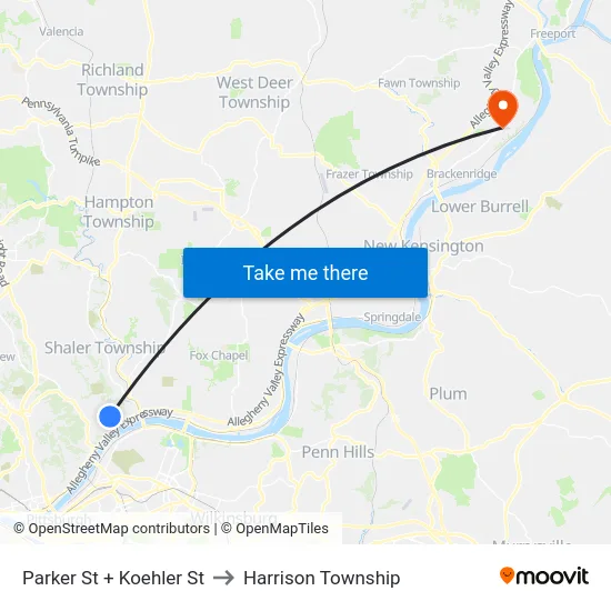 Parker St + Koehler St to Harrison Township map