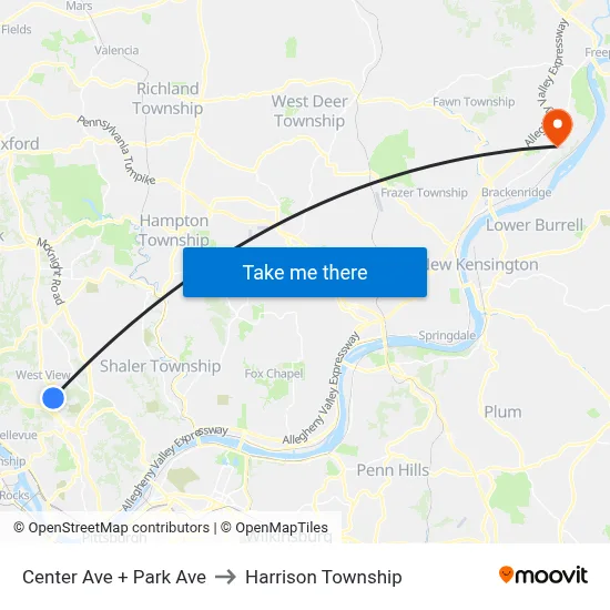 Center Ave + Park Ave to Harrison Township map