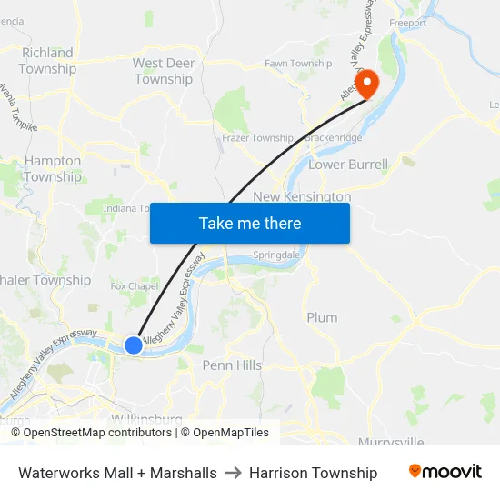 Waterworks Mall + Marshalls to Harrison Township map