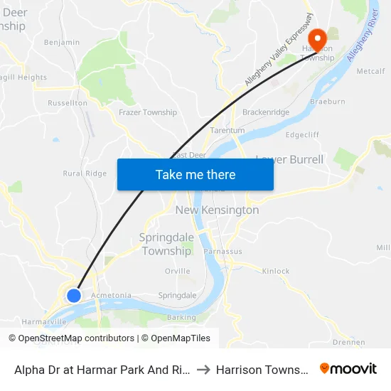 Alpha Dr at Harmar Park And Ride to Harrison Township map
