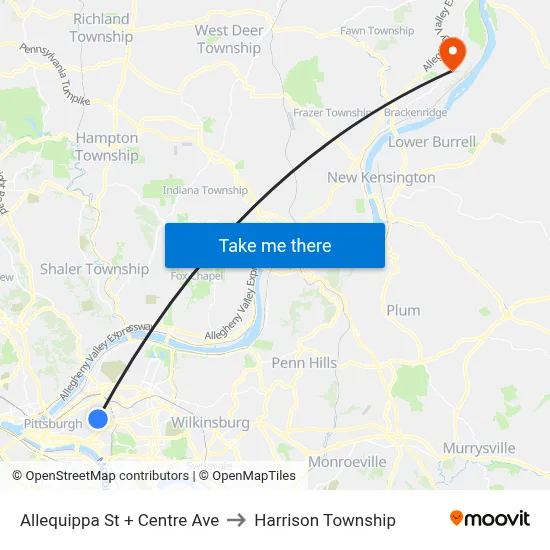 Allequippa St + Centre Ave to Harrison Township map