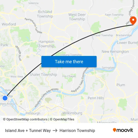 Island Ave + Tunnel Way to Harrison Township map