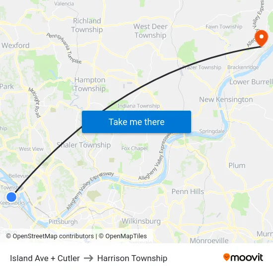 Island Ave + Cutler to Harrison Township map