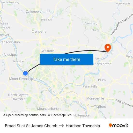 Broad St at St James Church to Harrison Township map