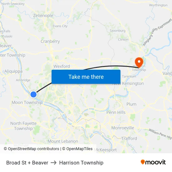 Broad St + Beaver to Harrison Township map