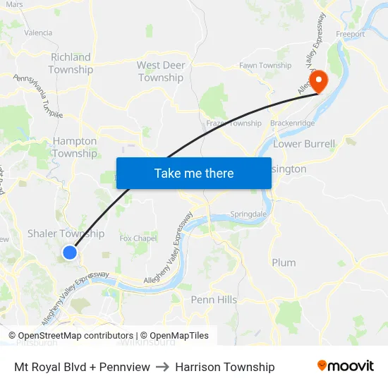 Mt Royal Blvd + Pennview to Harrison Township map