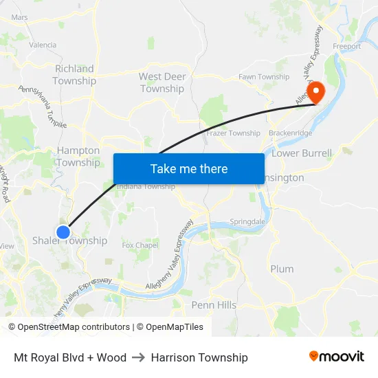 Mt Royal Blvd + Wood to Harrison Township map