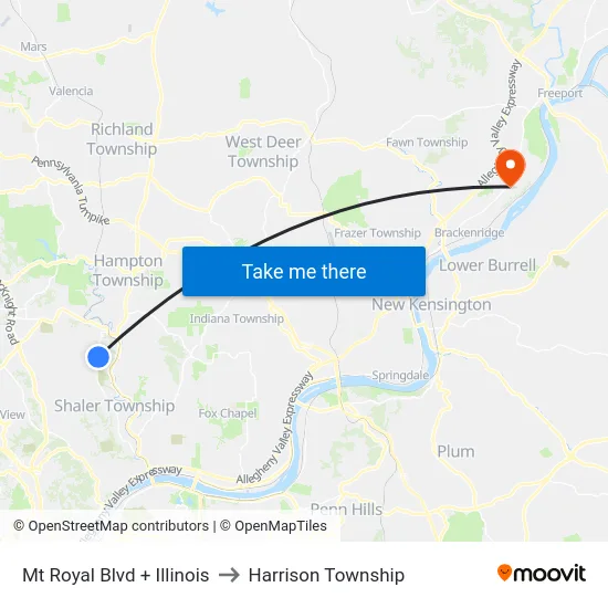 Mt Royal Blvd + Illinois to Harrison Township map