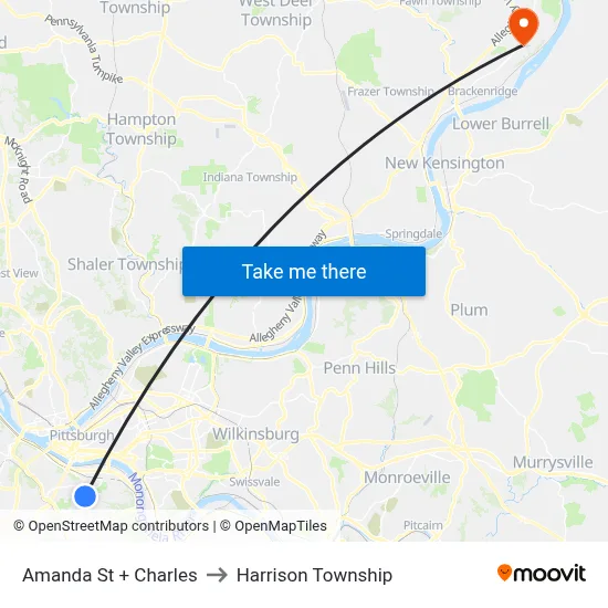 Amanda St + Charles to Harrison Township map