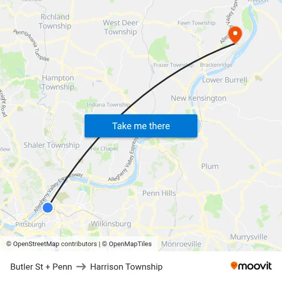 Butler St + Penn to Harrison Township map