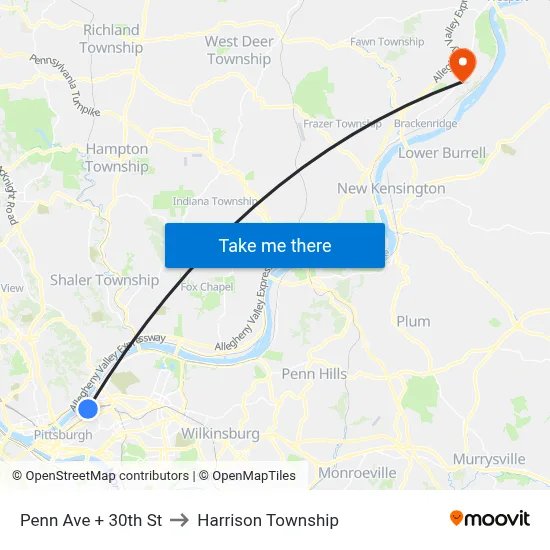 Penn Ave + 30th St to Harrison Township map