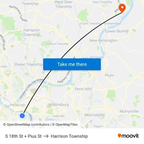 S 18th St + Pius St to Harrison Township map
