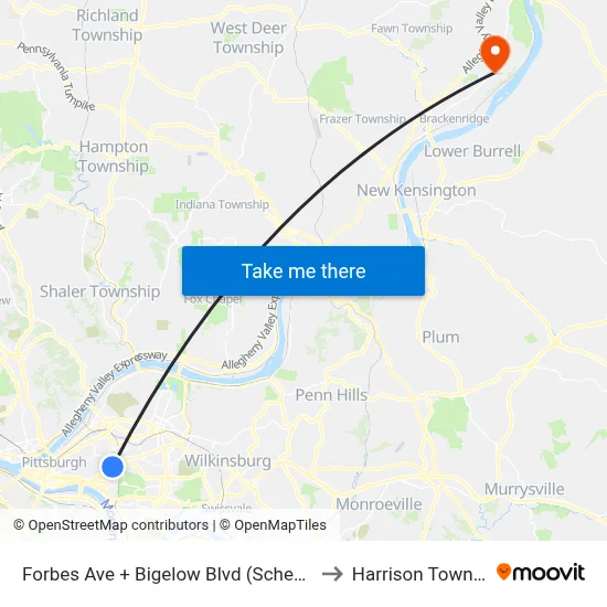 Forbes Ave + Bigelow Blvd (Schenley Dr) to Harrison Township map