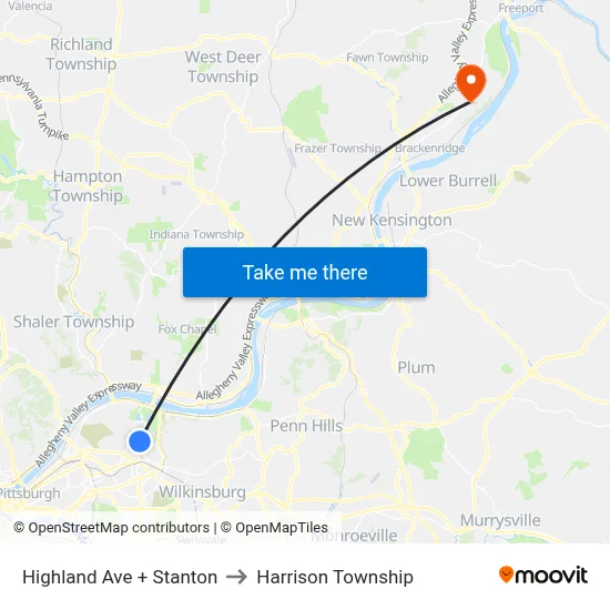Highland Ave + Stanton to Harrison Township map