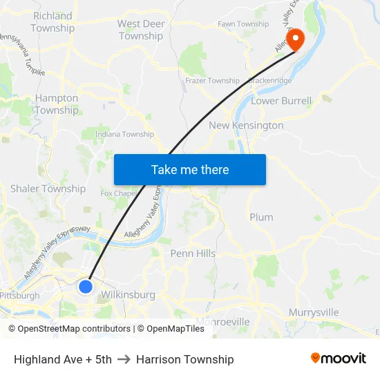 Highland Ave + 5th to Harrison Township map