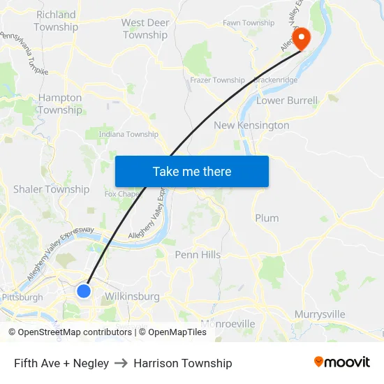Fifth Ave + Negley to Harrison Township map