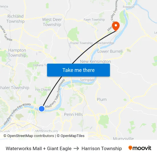 Waterworks Mall + Giant Eagle to Harrison Township map