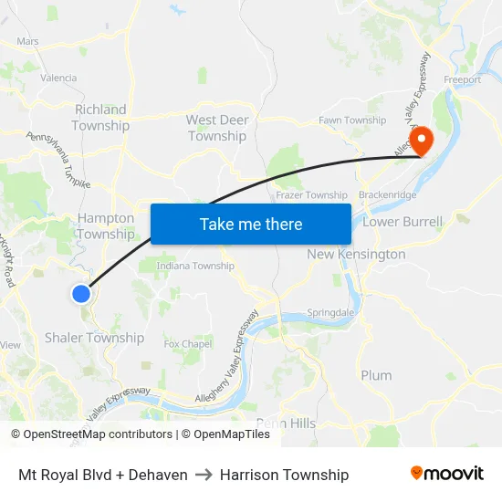 Mt Royal Blvd + Dehaven to Harrison Township map