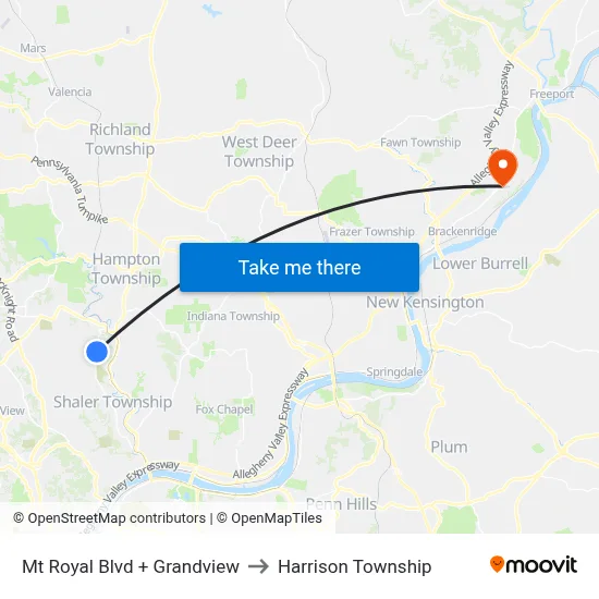 Mt Royal Blvd + Grandview to Harrison Township map