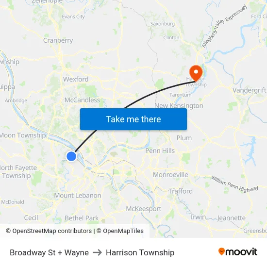 Broadway St + Wayne to Harrison Township map