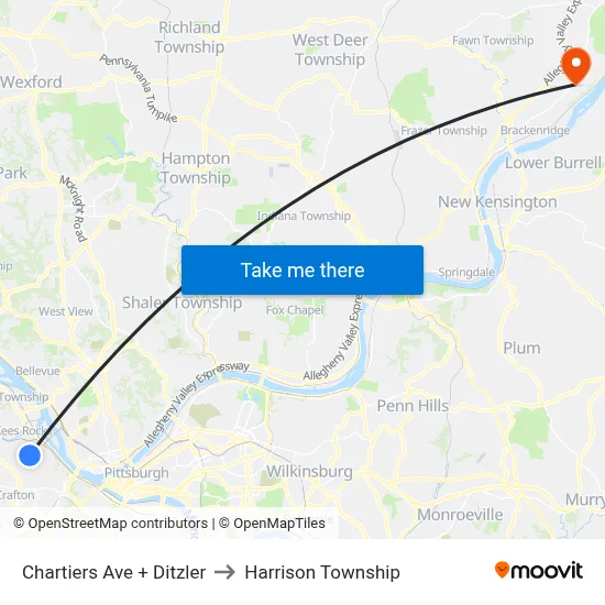Chartiers Ave + Ditzler to Harrison Township map