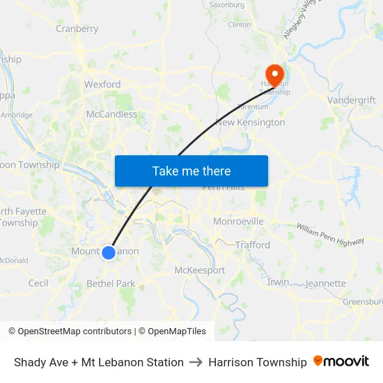 Shady Ave + Mt Lebanon Station to Harrison Township map