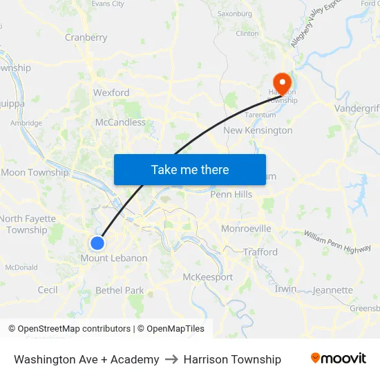 Washington Ave + Academy to Harrison Township map