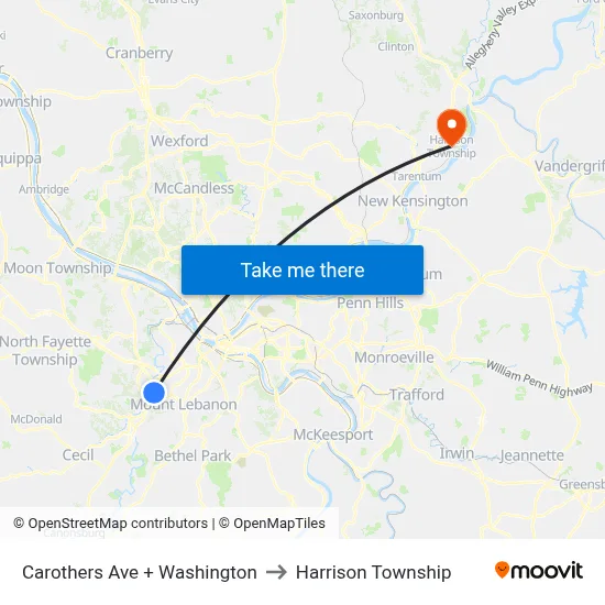Carothers Ave + Washington to Harrison Township map