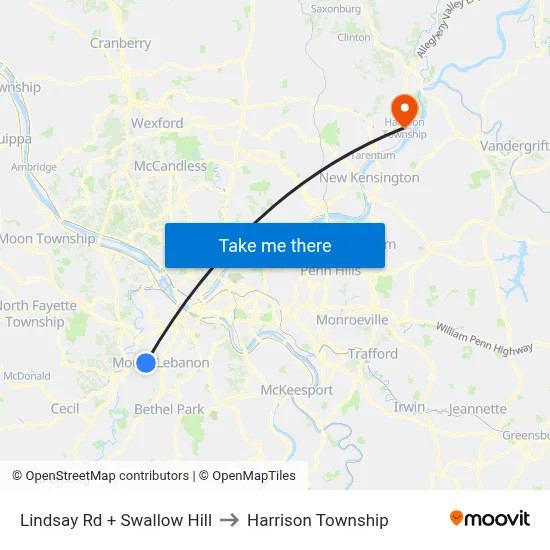 Lindsay Rd + Swallow Hill to Harrison Township map