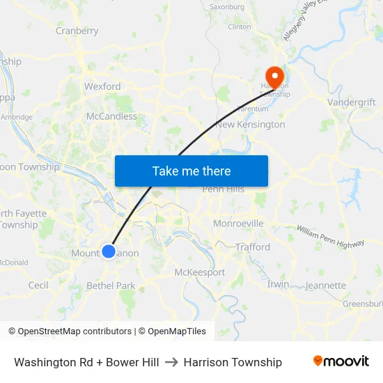 Washington Rd + Bower Hill to Harrison Township map