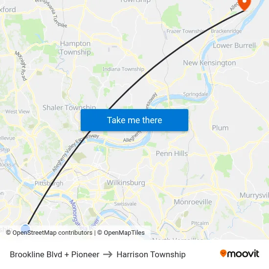 Brookline Blvd + Pioneer to Harrison Township map
