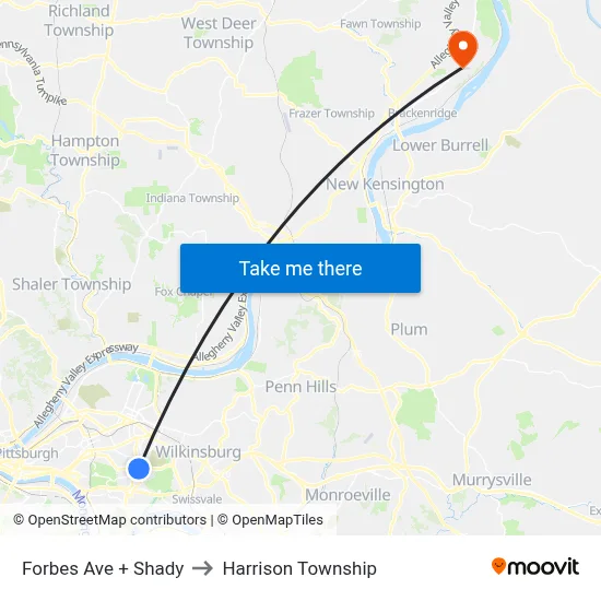 Forbes Ave + Shady to Harrison Township map