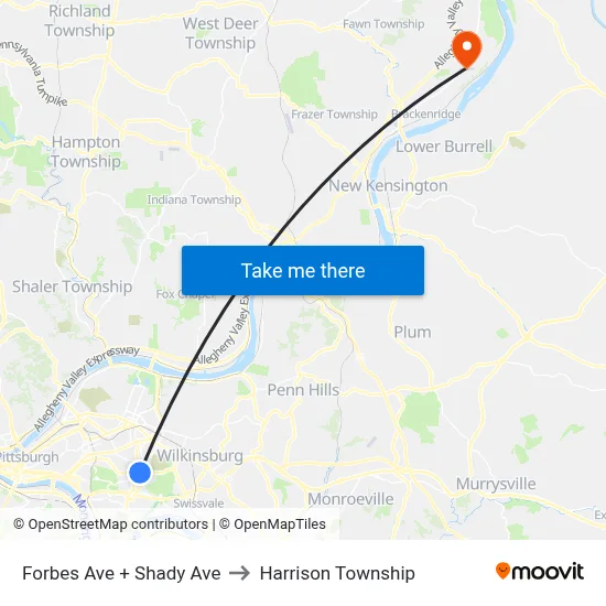 Forbes Ave + Shady Ave to Harrison Township map
