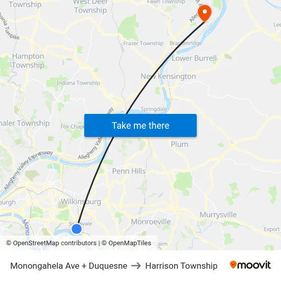 Monongahela Ave + Duquesne to Harrison Township map