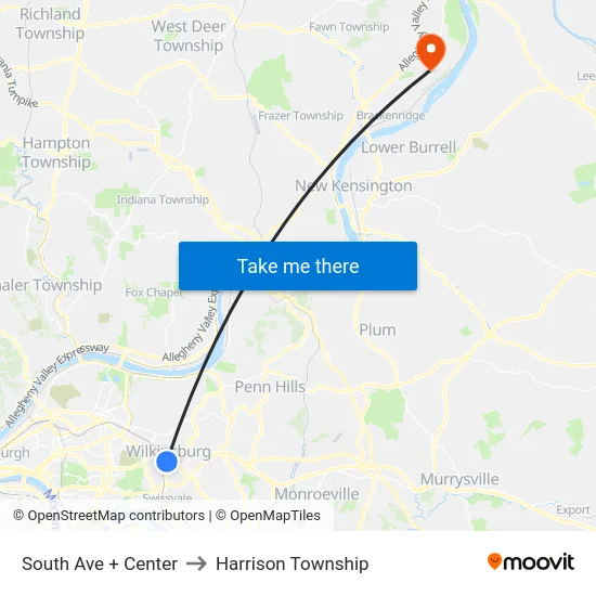 South Ave + Center to Harrison Township map