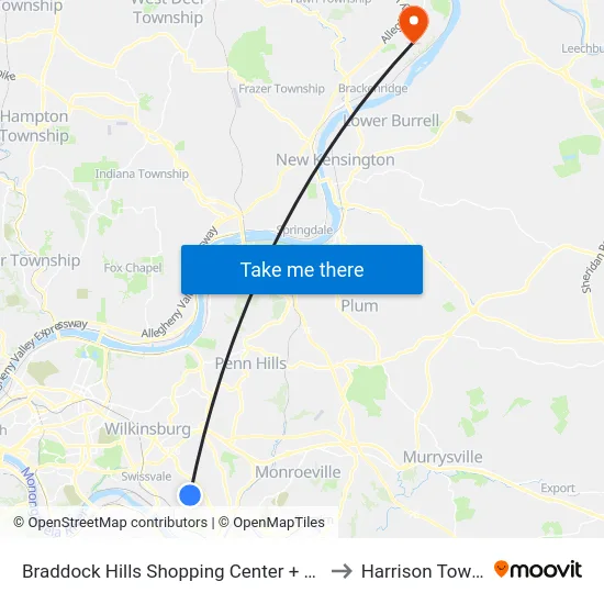 Braddock Hills Shopping Center + Giant Eagle to Harrison Township map