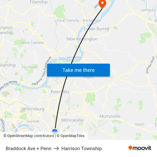 Braddock Ave + Penn to Harrison Township map