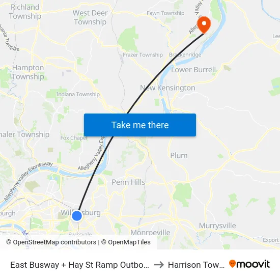 East Busway + Hay St Ramp Outbound Shelter to Harrison Township map