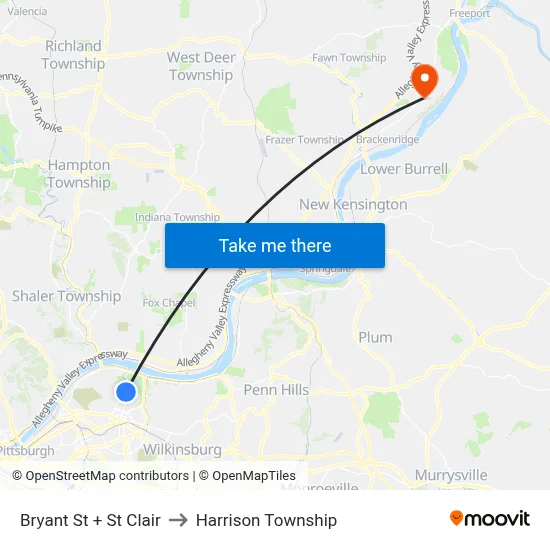 Bryant St + St Clair to Harrison Township map