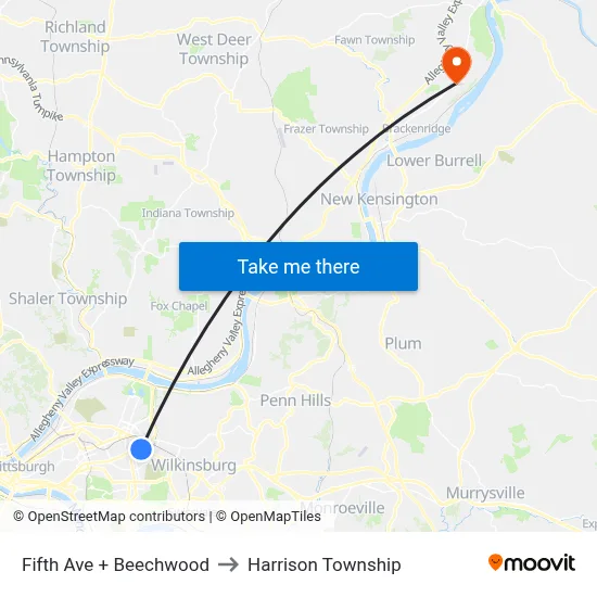 Fifth Ave + Beechwood to Harrison Township map