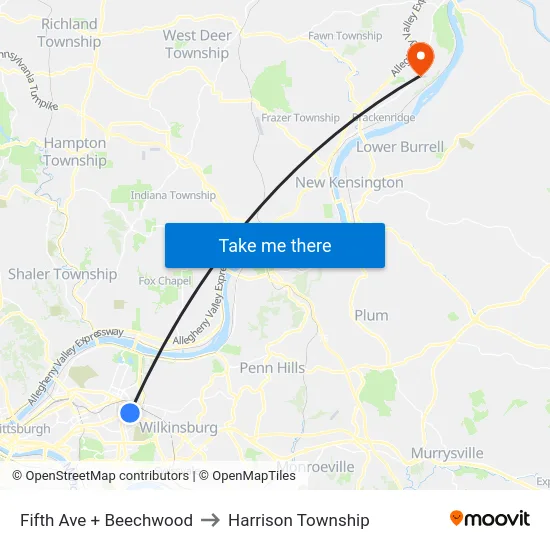 Fifth Ave + Beechwood to Harrison Township map