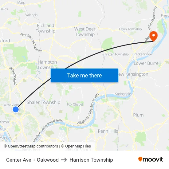 Center Ave + Oakwood to Harrison Township map